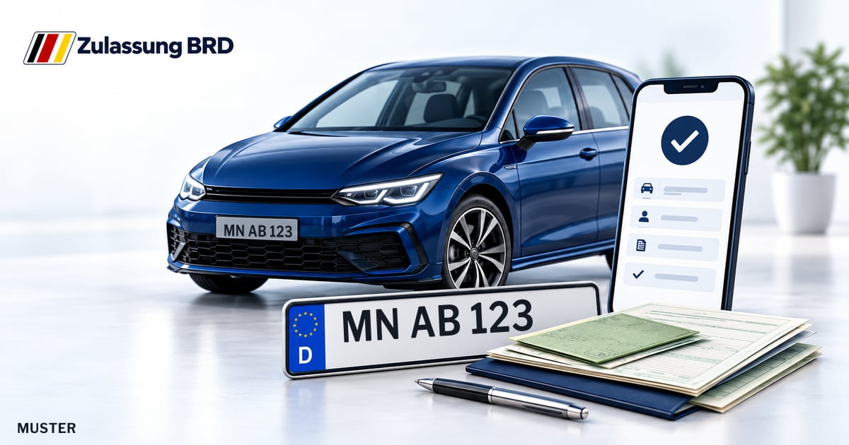 Online Fahrzeugzulassung in Mindelheim: Musterkennzeichen MN AB 123, Auto und Fahrzeugpapiere und Smartphone. Illustration mit Logo von Zulassung BRD.